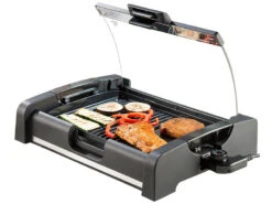 Rosenstein & Söhne Tischgrill Mit Deckel:Tischgrill Mit Glasdeckel, Keramik-beschichtete Grillplatte, 1.650 W
