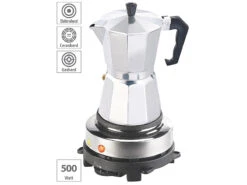 Rosenstein & Söhne Mini Heizplatte:Elektrische Mini-Einzel-Kochplatte & Espresso-Kocher, 500 W, 6 Tassen