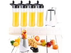 Rosenstein & Söhne Küchenmaschine:2in1-Standmixer Inklusive 4 Smoothie-Mix-Trinkbecher, 300 W, 600 Ml
