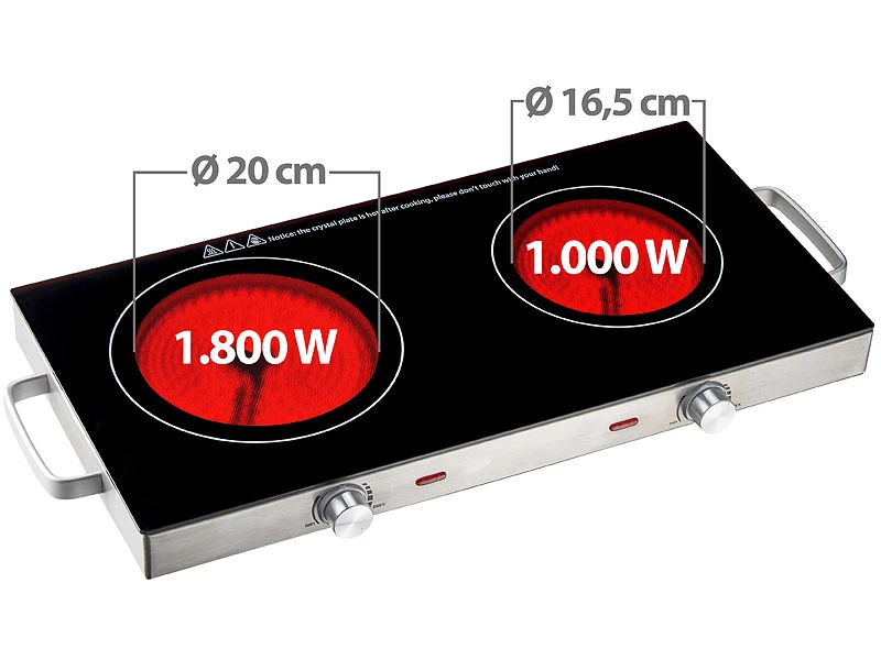 Rosenstein & Söhne Kochfeld:Glaskeramik-Doppelkochfeld Mit Infrarot-Wärme; 2.800 W; Ø 16.5 & 20 Cm 1 Rosenstein & Söhne Kochfeld:Glaskeramik-Doppelkochfeld Mit Infrarot-Wärme; 2.800 W; Ø 16.5 & 20 Cm