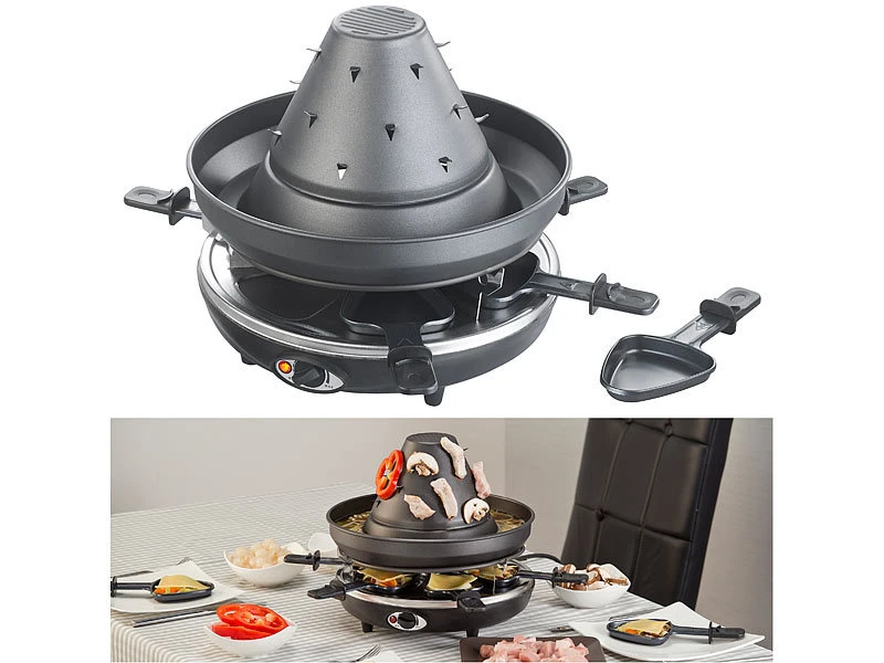 Rosenstein & Söhne Tartarenhut:Elektrischer 3in1-Tatarenhut- & Raclette-Grill Mit Fondue-Rinne, Für 6 1 Rosenstein & Söhne Tartarenhut:Elektrischer 3in1-Tatarenhut- & Raclette-Grill Mit Fondue-Rinne, Für 6