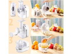Alternative view of Rosenstein & Söhne Gemüsereibe:3in1 Dessert-Maker, Gemüse-Reibe & Saftpresse, 150 Watt