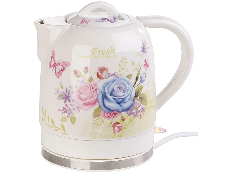 Rosenstein & Söhne Wasserkocher Blumen:Keramik-Wasserkocher Mit Blumenmuster, 1,7 Liter, 1.500 Watt 1 Rosenstein & Söhne Wasserkocher Blumen:Keramik-Wasserkocher Mit Blumenmuster, 1,7 Liter, 1.500 Watt