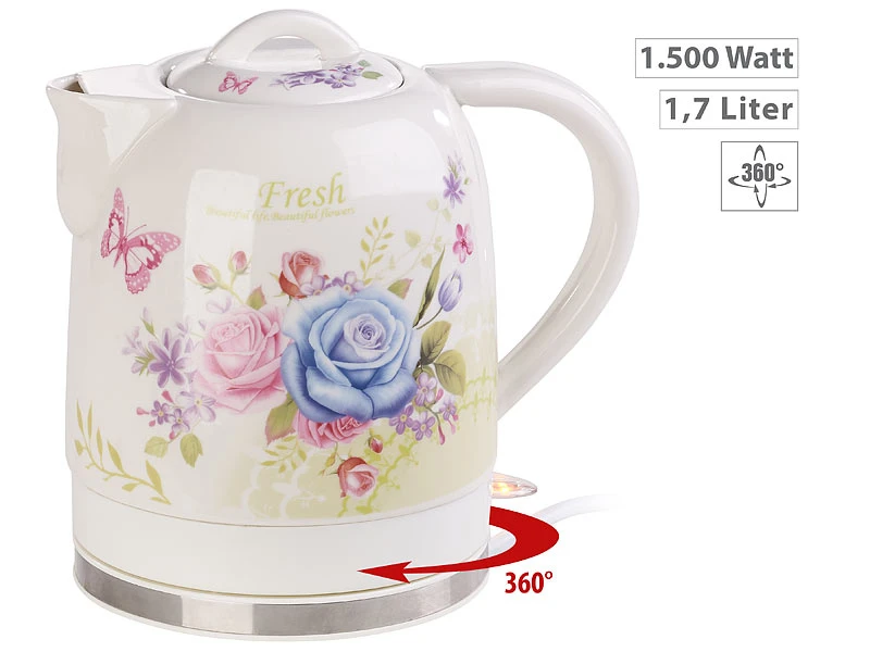 Rosenstein & Söhne Wasserkocher Blumen:Keramik-Wasserkocher Mit Blumenmuster, 1,7 Liter, 1.500 Watt 2 Rosenstein & Söhne Wasserkocher Blumen:Keramik-Wasserkocher Mit Blumenmuster, 1,7 Liter, 1.500 Watt – Bild 2
