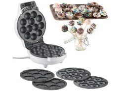 Rosenstein & Söhne Donutmaker:3in1-Donut-, Cupcake- Und Cakepop-Maker, Antihaftbeschichtet, 600 Watt
