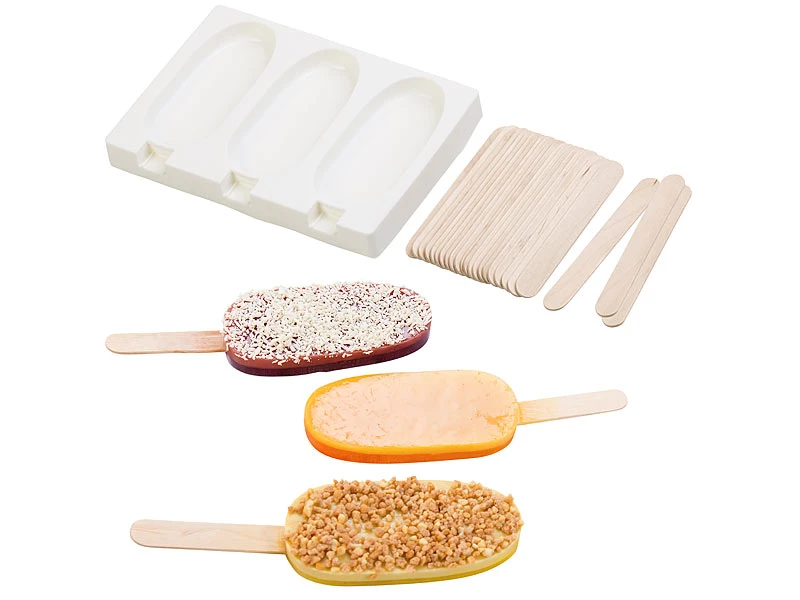 Rosenstein & Söhne Silikon Eisform:Silikon-Form Für 3 Eis Am Stiel, Je 80 Ml, Mit 24 Holzstielen 1 Rosenstein & Söhne Silikon Eisform:Silikon-Form Für 3 Eis Am Stiel, Je 80 Ml, Mit 24 Holzstielen