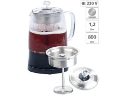 Rosenstein & Söhne Elektrischer Teekocher:2in1-Glas-Teebereiter & Wasserkocher, Edelstahl-Sieb, 800 Watt, 1,2 L