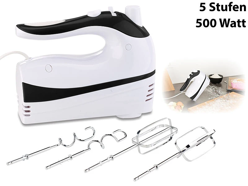 Rosenstein & Söhne Handmixer:Handrührer Mit 5 Geschwindigkeiten & Turbo, 4 Haken, Bis 500 Watt 1 Rosenstein & Söhne Handmixer:Handrührer Mit 5 Geschwindigkeiten & Turbo, 4 Haken, Bis 500 Watt