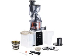 Rosenstein & Söhne Gemüsepresse:3in1-Slow-Juicer & Entsafter Mit Gemüse-Reibe & Eis-Aufsatz, 200 Watt