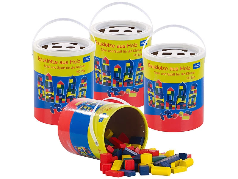 Playtastic Spielzeugsteine:4er-Set Holzbausteine, Aufbewahrungseimer, 100 St., 4 Farben, 6 Formen 1 Playtastic Spielzeugsteine:4er-Set Holzbausteine, Aufbewahrungseimer, 100 St., 4 Farben, 6 Formen