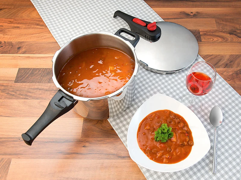 Rosenstein & Söhne Druckkochtopf:Edelstahl-Schnellkochtopf Mit Dampfgar-Einsatz, Bis 90 KPa, 6 L 8 Rosenstein & Söhne Druckkochtopf:Edelstahl-Schnellkochtopf Mit Dampfgar-Einsatz, Bis 90 KPa, 6 L – Bild 8