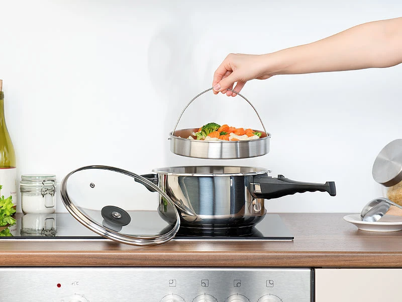 Rosenstein & Söhne Druckkochtopf:Edelstahl-Schnellkochtopf Mit Dampfgar-Einsatz, Bis 90 KPa, 6 L 12 Rosenstein & Söhne Druckkochtopf:Edelstahl-Schnellkochtopf Mit Dampfgar-Einsatz, Bis 90 KPa, 6 L – Bild 12