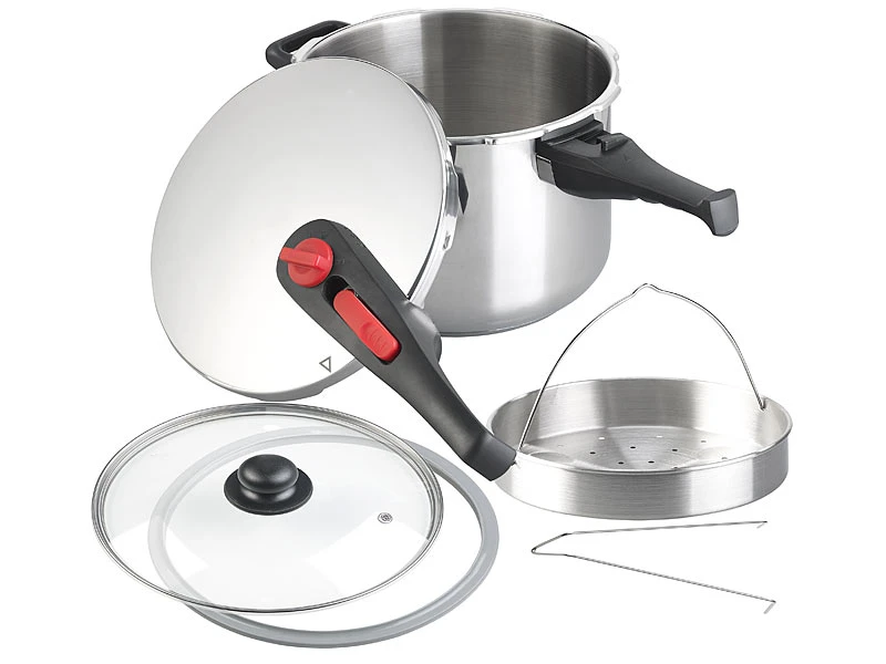 Rosenstein & Söhne Druckkochtopf:Edelstahl-Schnellkochtopf Mit Dampfgar-Einsatz, Bis 90 KPa, 6 L 2 Rosenstein & Söhne Druckkochtopf:Edelstahl-Schnellkochtopf Mit Dampfgar-Einsatz, Bis 90 KPa, 6 L – Bild 2