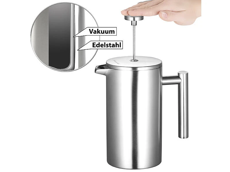 Rosenstein & Söhne Frenchpress-Kannen:2er-Set Thermo-Kaffeebereiter, French-Press, Edelstahl, 1 Liter 7 Rosenstein & Söhne Frenchpress-Kannen:2er-Set Thermo-Kaffeebereiter, French-Press, Edelstahl, 1 Liter – Bild 7