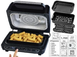 Rosenstein & Söhne Rauchfreier BBQ Grill:Digitale 3in1-Heißluft-Fritteuse Mit Tischgrill, 12 Programme, 6,5 L