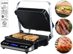 Rosenstein & Söhne Sandwichmaker:Digitaler Panini-, Sandwich- & Kontaktgrill, Timer & Memory, 2.000 W