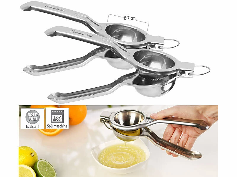 Rosenstein & Söhne Zitruspresse Manuell:2er-Set Manuelle Zitrus- & Saftpresse, Polierter Edelstahl 304, Ø 7 Cm 1 Rosenstein & Söhne Zitruspresse Manuell:2er-Set Manuelle Zitrus- & Saftpresse, Polierter Edelstahl 304, Ø 7 Cm