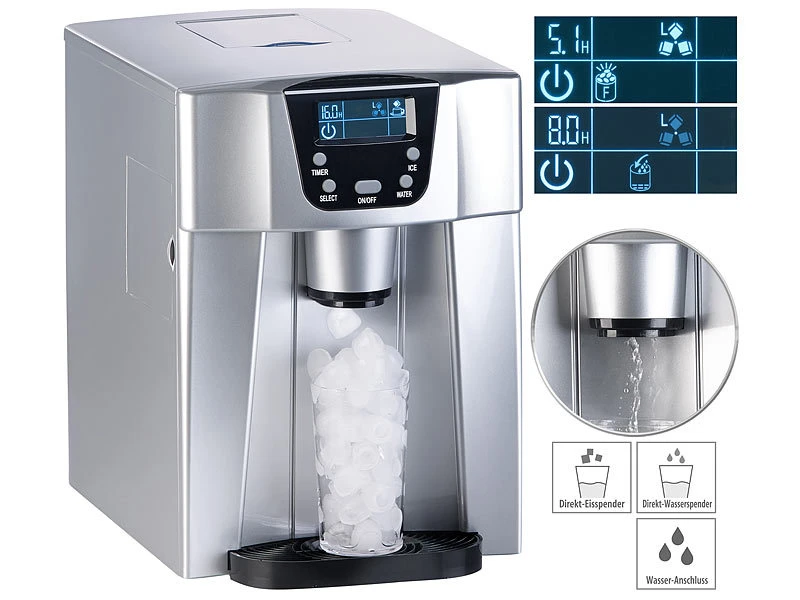 Rosenstein & Söhne Eismaschine:Premium-Eiswürfelmaschine Mit Eiswürfel- & Kaltwasserspender, 2 Liter 1 Rosenstein & Söhne Eismaschine:Premium-Eiswürfelmaschine Mit Eiswürfel- & Kaltwasserspender, 2 Liter