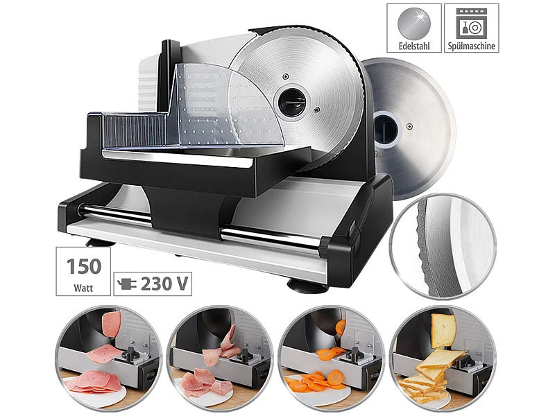 Rosenstein & Söhne Brotschneidemaschine:Elektrischer Allesschneider Mit 2 Edelstahl-Klingen, 1 - 15 Mm, 150 W 1 Rosenstein & Söhne Brotschneidemaschine:Elektrischer Allesschneider Mit 2 Edelstahl-Klingen, 1 - 15 Mm, 150 W