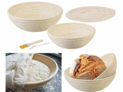 Rosenstein & Söhne Brot Backen Zubehör:2er-Set Gärkörbe, Ø 25 & 30 Cm, Abdecktücher, Gabel, Reinigungspinsel