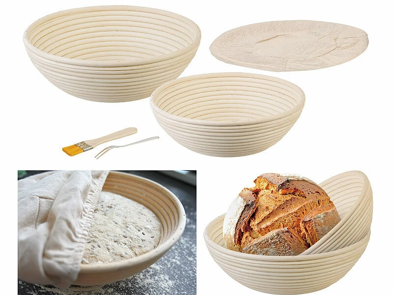 Rosenstein & Söhne Brot Backen Zubehör:2er-Set Gärkörbe, Ø 25 & 30 Cm, Abdecktücher, Gabel, Reinigungspinsel 1 Rosenstein & Söhne Brot Backen Zubehör:2er-Set Gärkörbe, Ø 25 & 30 Cm, Abdecktücher, Gabel, Reinigungspinsel