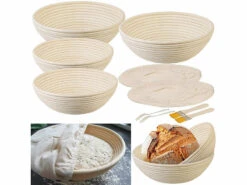 Rosenstein & Söhne Brot Backen Zubehöre:4er-Set Gärkörbe, Ø 25 & 30 Cm, Abdecktücher, Gabel, Reinigungspinsel